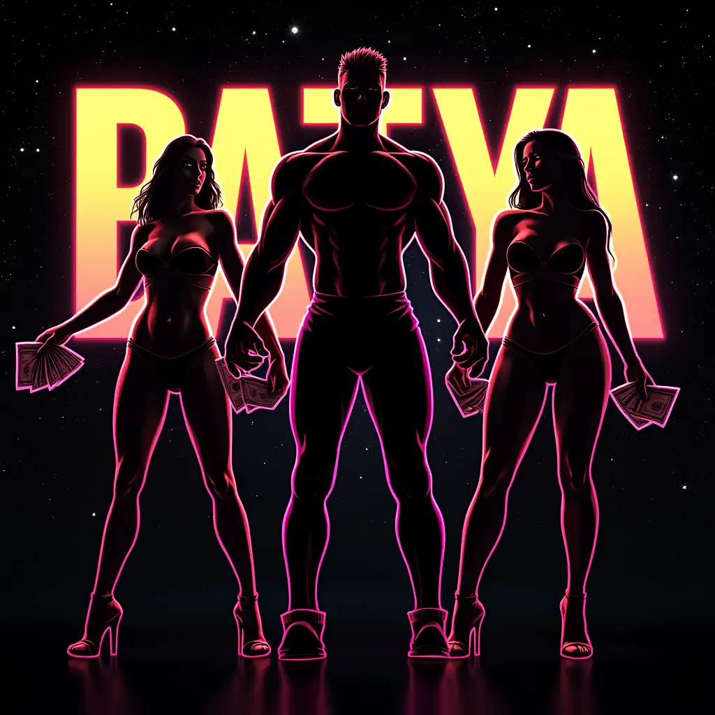 user_prompt: Silhouette of a muscular man, athletic build in an abstract style neon stripes on black cosmic background, before him three seductive women in glamorous outfits and hairstyles, tanned skin, extend to him in hands hundred dollar bills. Background huge shiny golden letters 'BATYA'nStyle: realism abstraction, contrast, bright colors, neon effects, cyberpunk. Invent additional details for creating atmosphere of desire and wealth, and at the same time modern vivid youth design.