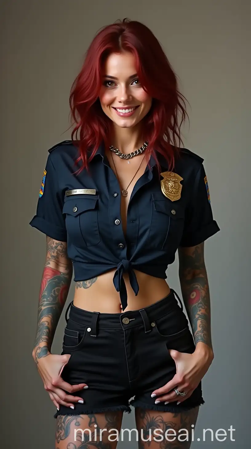 Photorealistic 30YearOld Woman Smiling in Cosplay Police Woman Shirt and Miniskirt with Colorful Tattoos