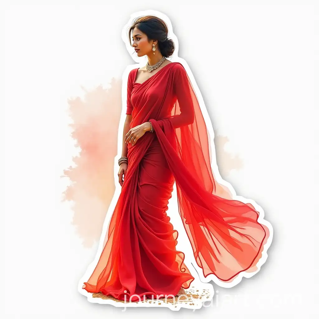 Elegant-Woman-in-a-Red-Saree-Watercolor-Illustration