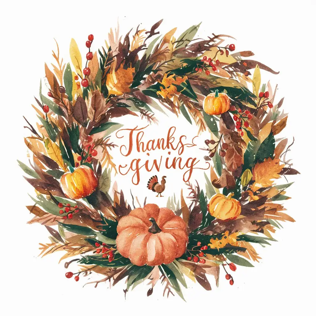 Watercolor Thanksgiving Wreath on White Background