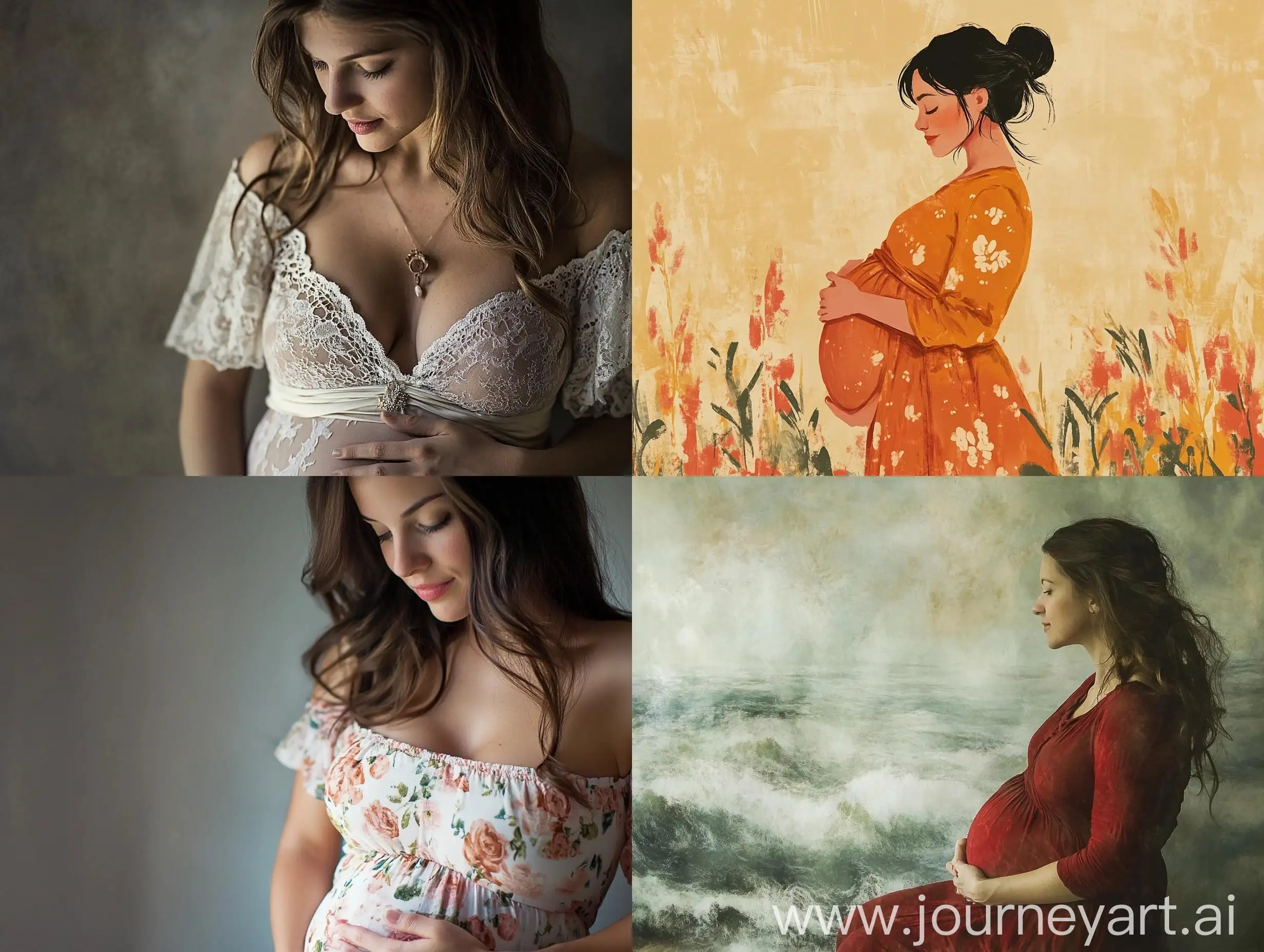 Pregnant-Woman-with-Floral-Dress-in-Vintage-Style-Portrait