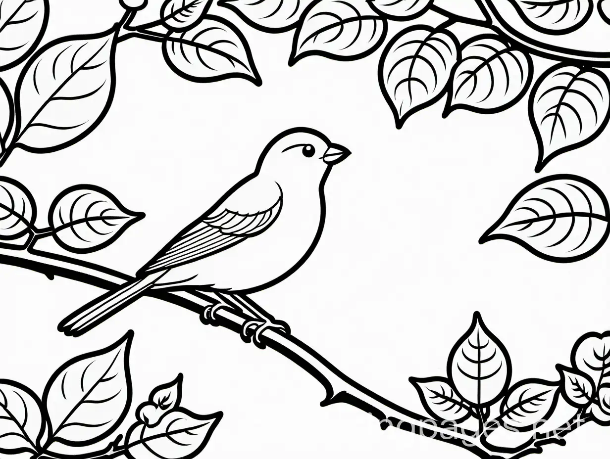 Childrens-Coloring-Page-Bird-Sitting-on-Maple-Tree