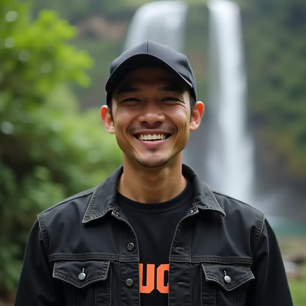 Kind-Indonesian-Man-in-Nature-with-Waterfall-Background