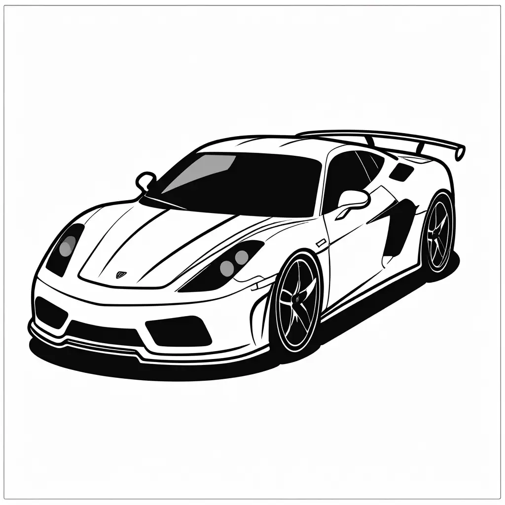 a cool sports car, simple .easy, coloring ,bold , Coloring Page, black and white, line art, white background, Simplicity, Ample White Space. The background of the coloring page is plain white to make it easy for young children to color within the lines. The outlines of all the subjects are easy to distinguish, making it simple for kids to color without too much difficulty