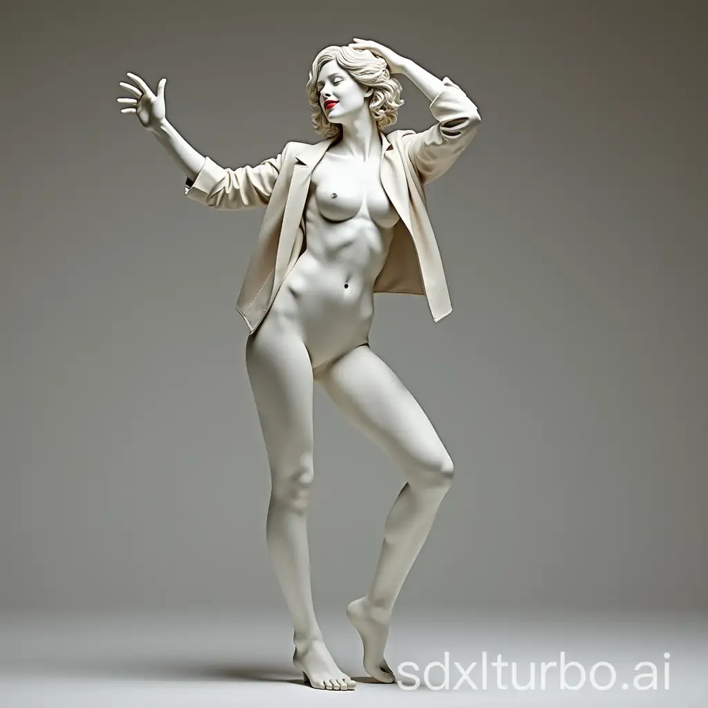 photo of a white marble statue of emma stone dancing hip-hop,smiling，red lips， in motion, photorealism, style raw