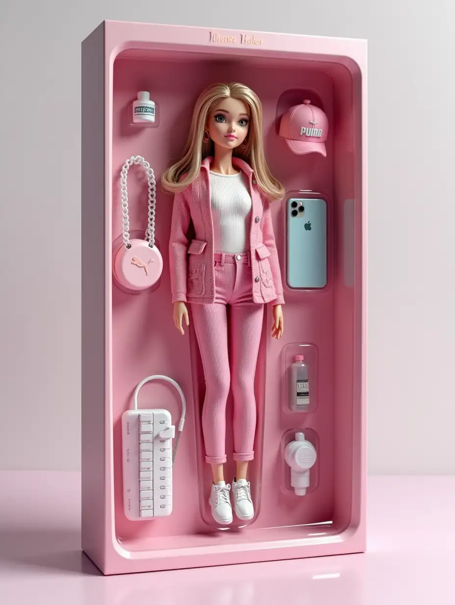Create a collector's edition action figure of a person in packaging that resembles an expensive toy. Style: as realistic as possible, with 9:16 proportions, like in advertising. This is a 3D doll in the style of Bratz, made of soft touch plastic, full size, with exact reproduction of appearance and clothing, like on the first photo. Every detail should be precisely copied: hairstyle, lips, eyes, facial features and proportions. The clothing should also be identical, focusing on style and textures. The doll is placed in a plastic recess that accurately follows its silhouette. Modern packaging design: transparent plastic in front, cardboard back, milk-colored box. The name of the character [Helen] is engraved at the top of the box. Inside the packaging are accessories: [iPhone 12 light blue color, pink Puma company cap, synthesizer], made in a photo-realistic mini version, neatly arranged in separate compartments. Important elements: style, visual and detailing should be on the level of a premium collectible doll.