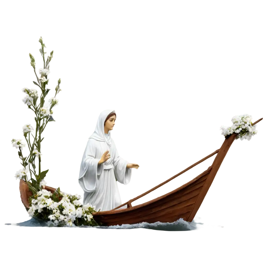 Virgin Mary ride on a boat with flowers, clouds and waves