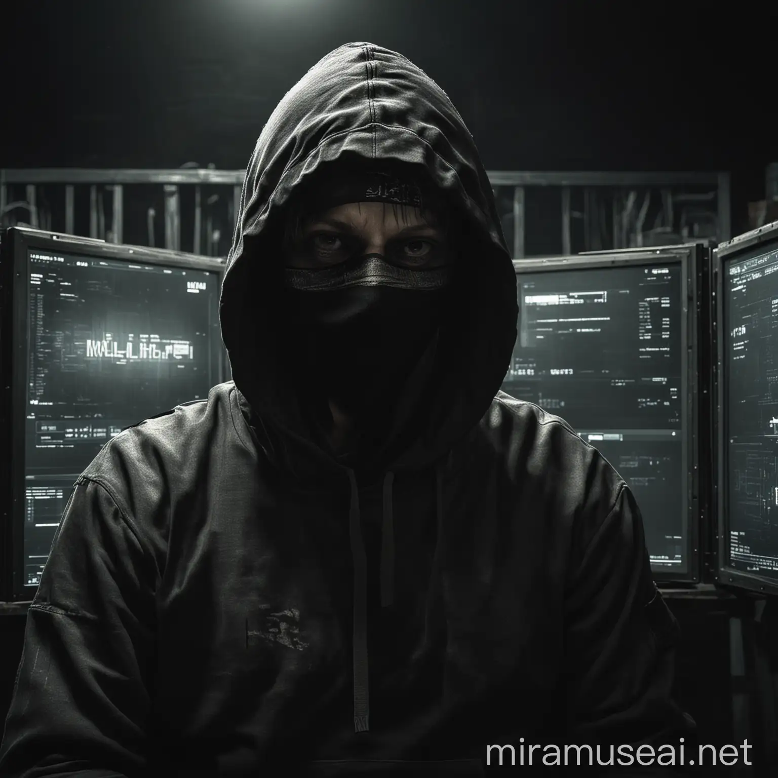 Dark Hoodie Hacker Trader in Surveillance Room