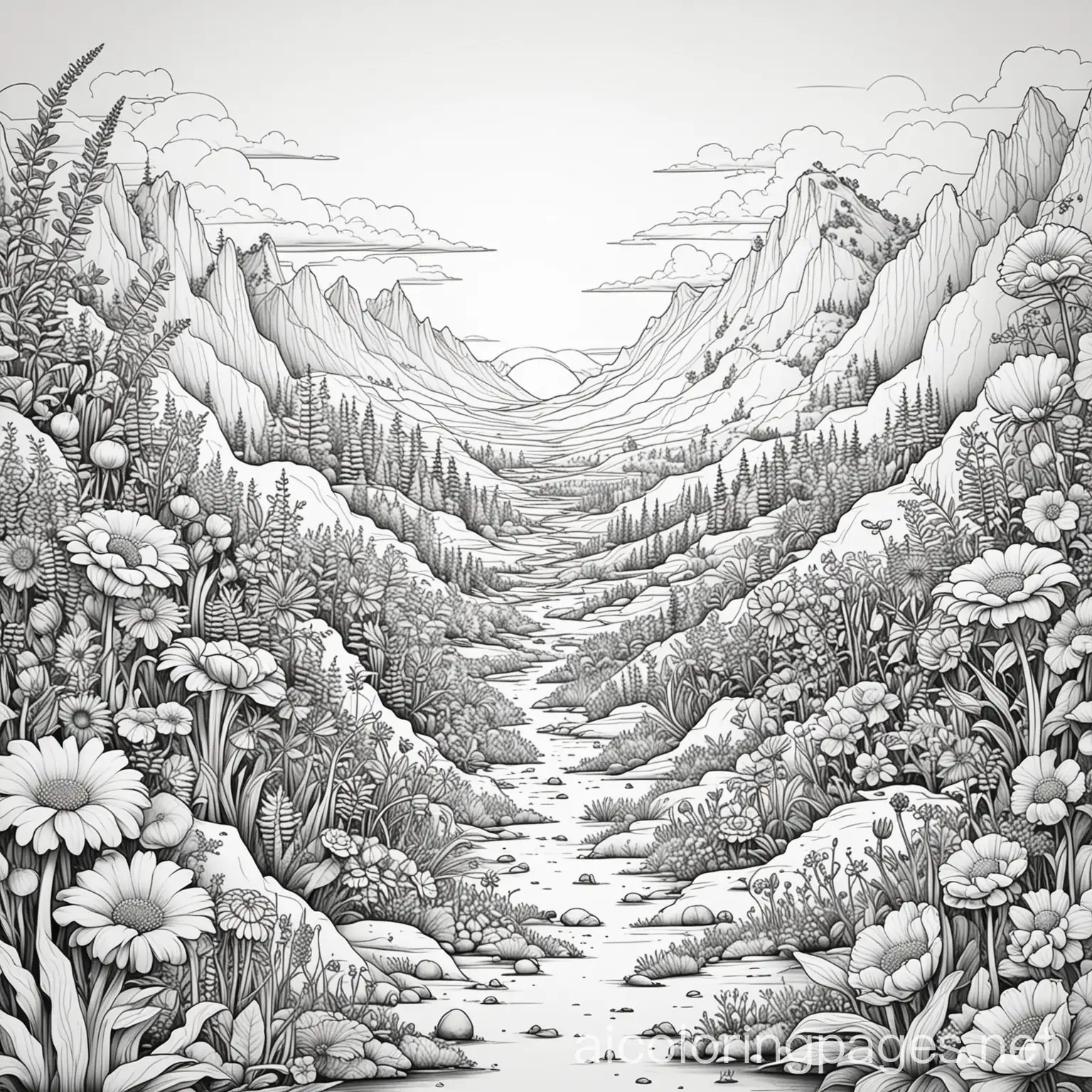 A surreal landscape where flowers grow in impossible shapes and sizes, creating a dreamlike, otherworldly atmosphere., Coloring Page, black and white, line art, white background, Simplicity, Ample White Space. The background of the coloring page is plain white to make it easy for young children to color within the lines. The outlines of all the subjects are easy to distinguish, making it simple for kids to color without too much difficulty, Coloring Page, black and white, line art, white background, Simplicity, Ample White Space. The background of the coloring page is plain white to make it easy for young children to color within the lines. The outlines of all the subjects are easy to distinguish, making it simple for kids to color without too much difficulty