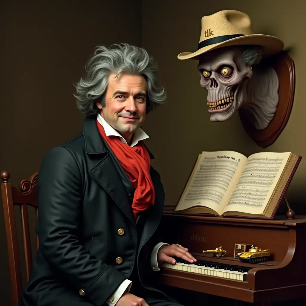 Ludwig-van-Beethoven-with-Symphony-No-5-Score-and-Surreal-Zombie-Trophy