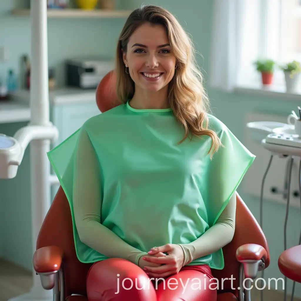 Woman-in-Dentist-Chair-with-Green-Shiny-Bib-and-Red-Leggings