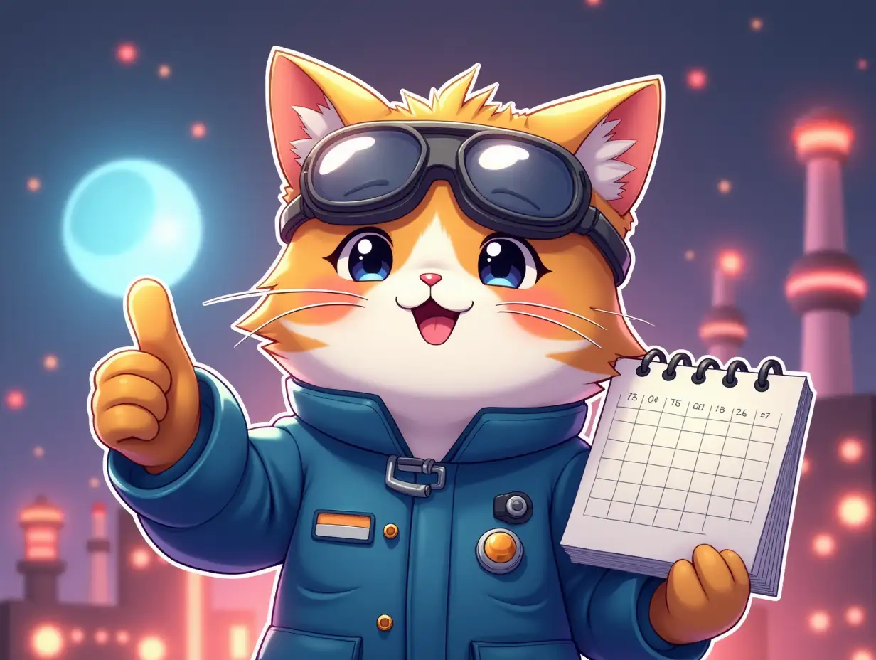 kawaii positive fluffy anime style light multicolor cat in an blue-gray  engineer uniform and wearing goggles, he shows right hand a thumbs-up gesture and he holds the calendar in his other hand, in the background a futuristic nuclear in a coronary glow, a magical warm soft glow, paint like a sticker in anime style