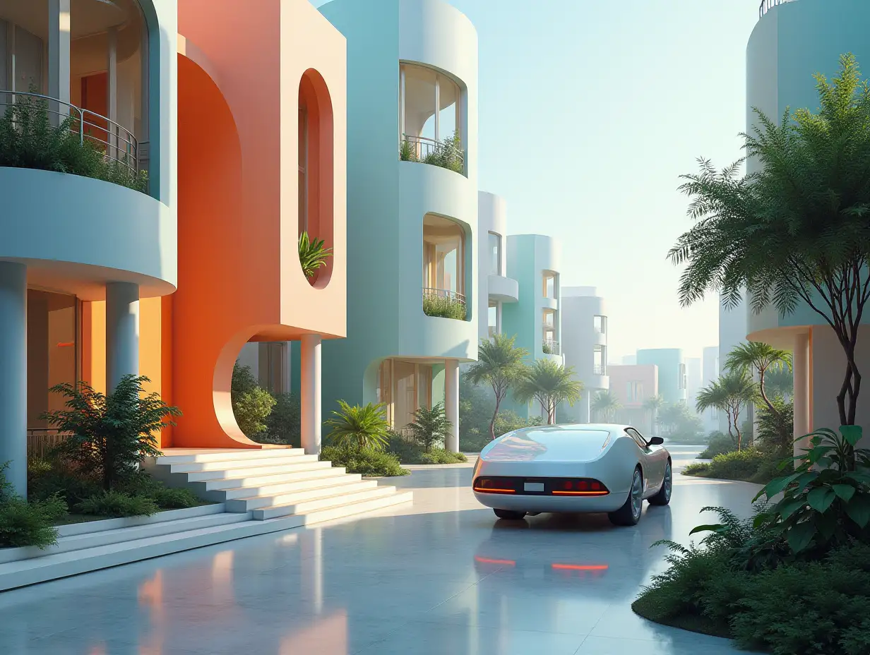 Create a high-resolution, realistic image in 4K resolution of a futuristic building with different colors, curved pillars and many plants and a futuristic vehicle