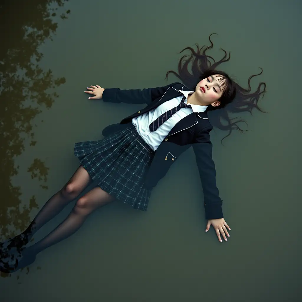 A young schoolgirl in a school uniform, in a skirt, jacket, blouse, dark tights, high-heeled shoes. She is swimming in a dirty pond, lying underwater, all her clothes are completely wet, wet clothes stick to her body, the whole body is underwater, submerged in water, under the surface of the water, below the water's edge.