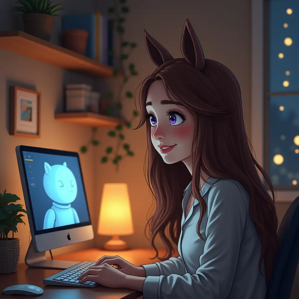 Draw an image of a beautiful young woman with long horse hair sitting in a simply decorated room that exudes warmth. There is a computer screen giving off faint light and casting it onto their face. On the screen appears AI in a simple geometric form, such as a soft blue glow or a warm and cuddly cartoon AI. The person's face is full of smiles and eyes that seem to understand the entire being of whoever they are talking to. Surrounding them are elements that suggest connection, like floating data lines in the air or tiny specks of what looks like warm energy binding the two together.