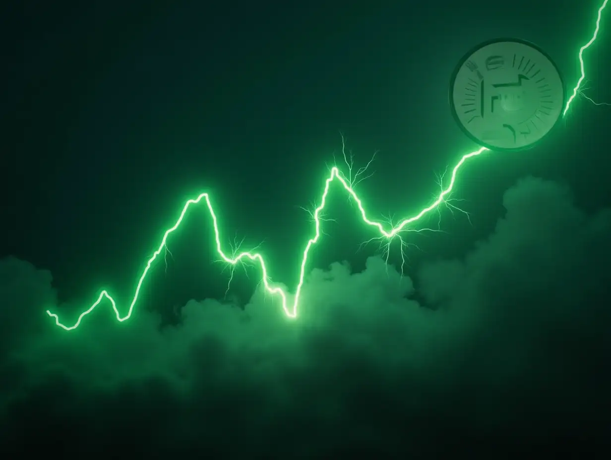 GROWING fat GRAPH of coin, CRYPTOVALUES, GREEN GRAPH, LIGHTNING, EXPLOSIONS