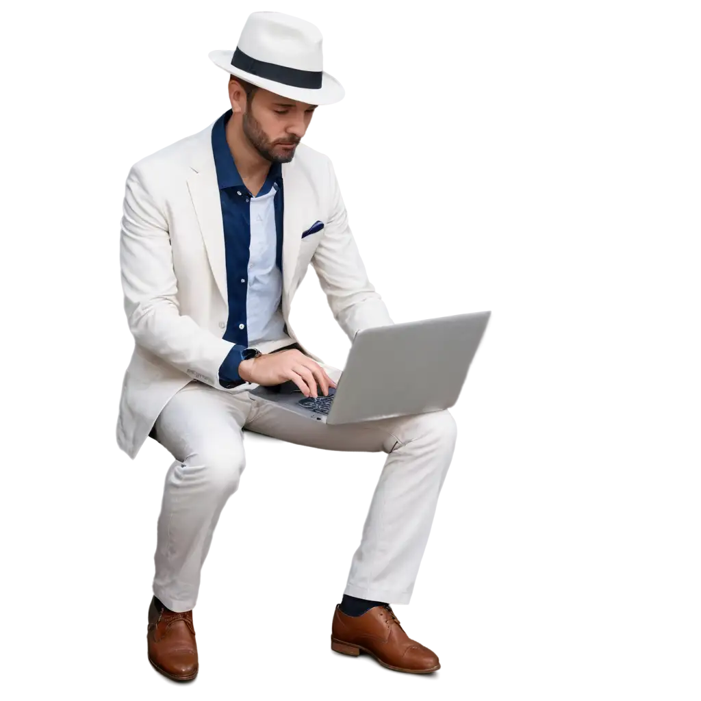 Half-Body-PNG-Image-of-a-Man-in-White-Suit-with-Laptop-and-Hat-No-Face-Visible