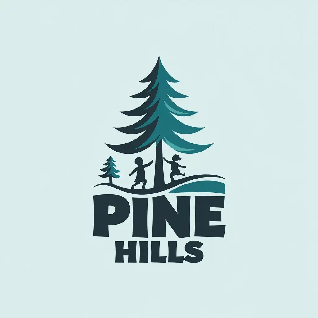 LOGO Design for Pine Hills Loblolly Pine with Child Playing Hills Blue Teal Theme