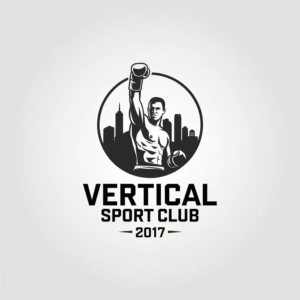 a vector logo design,with the text "VERTICAL sport club 2017", main symbol:Boxer raised hand up against city background in a circle,Minimalistic,be used in Sports Fitness industry,clear background