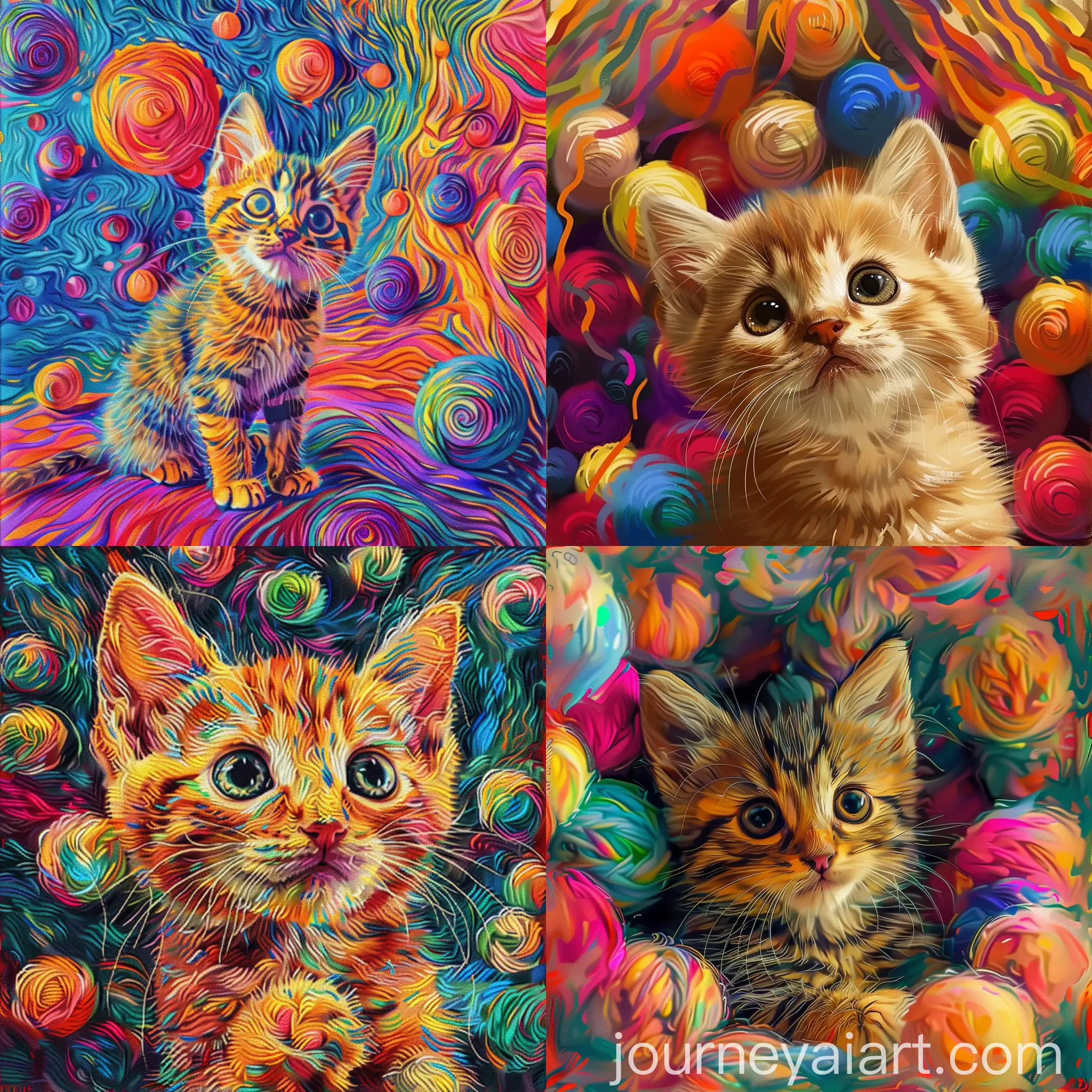 Van-Gogh-Style-Kitten-with-Dilated-Pupils-and-Colorful-Wool-Balls