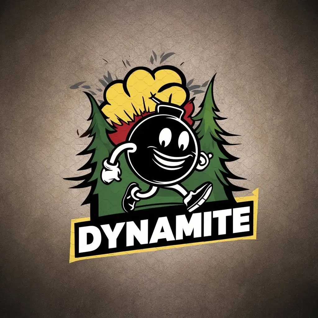 a vector logo design,with the text "Dynamite", main symbol:a vector logo design,with the text 'Dynamite', main symbol:Fun Cool bomb in 3d with legs and smile coming out of the forest, while explosion is happening at the backdrop,complex,be used in hiking industry,clear background,complex,be used in Sports Fitness industry,clear background