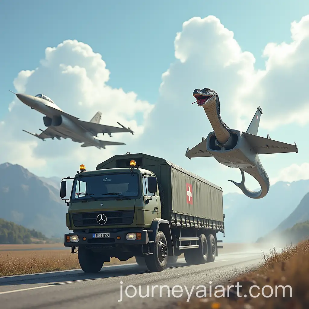 Swiss-Military-Jet-with-Aggressive-Truck-and-Cobra-Over-Mountain-Landscape