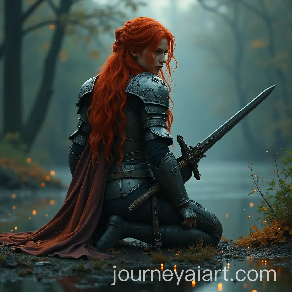 Redhead-Warrior-Woman-Kneeling-in-Dystopian-Fantasy-Armor-by-Lake-with-Sword-and-Fireflies