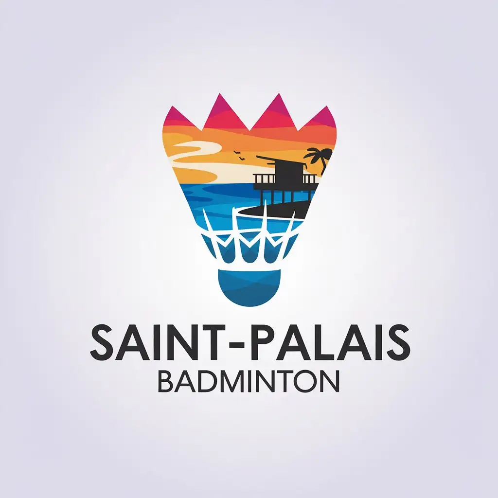 LOGO Design for SaintPalais Badminton Colorful Beach Sea and Fishing Shack with Shuttlecock Theme