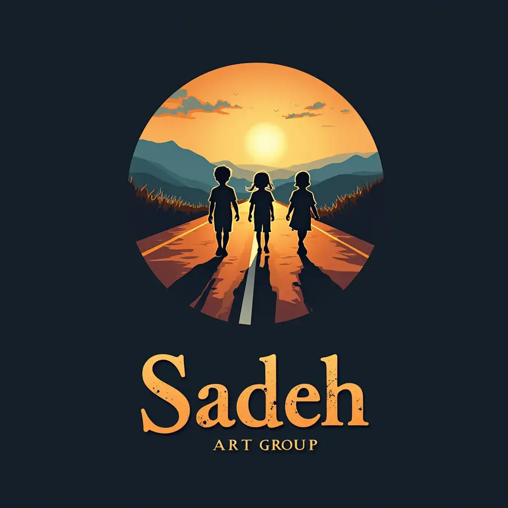 user_prompt: A movie production company logo, featuring a cinematic style and children on the road, with the name of the group in the logo in a cinema font, the name of the group: Sadeh art group