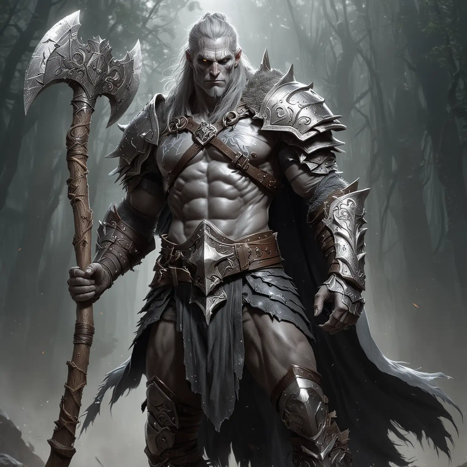 Grey Skinned Half Giant in Hide Armor with Magical Silver Great Axe