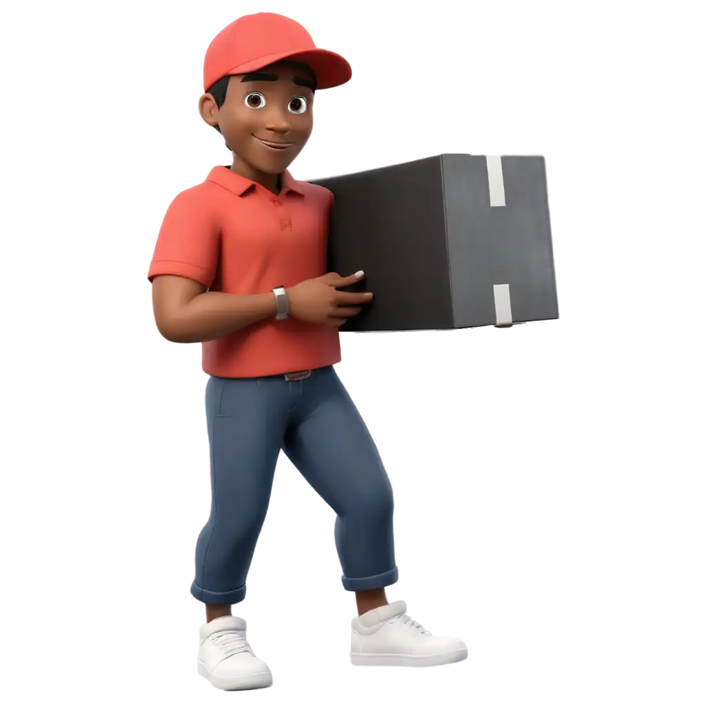 3d black delivery boy holding a box