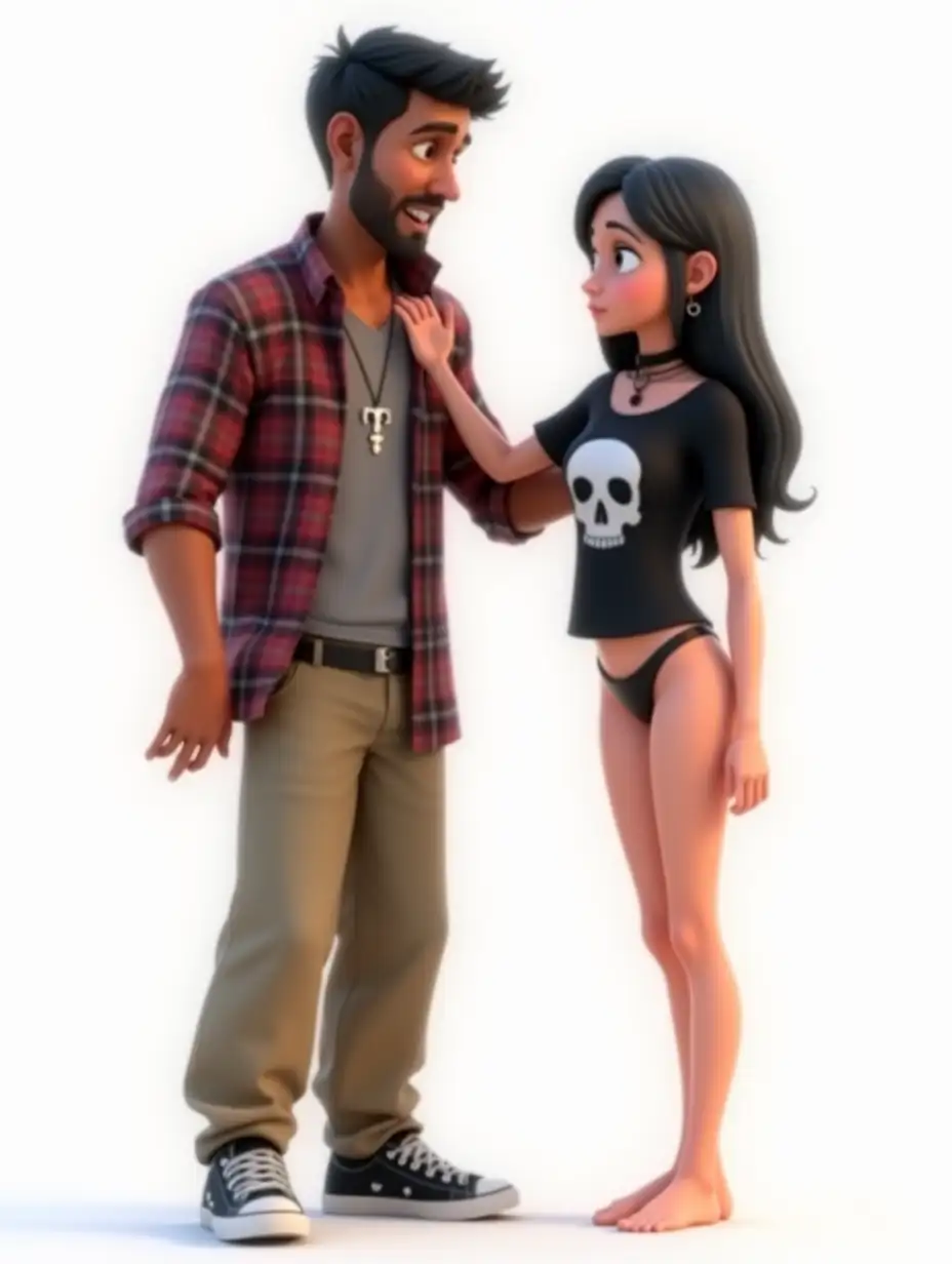 Create a highly accurately detailed Disney Pixar animation style 3-D poster titled Disney Pixar Presents “Goth Gal” featuring A 3D Cartoonish Version Of A tall Handsome scared frightened South Asian male adult Christian wearing a cross around his neck, long khaki pants and plaid shirt and sneakers being touched by a shorter very attractive fit looking Gothic-style young adult woman of Northwestern European Descent with long black hair. She is wearing a black t-shirt with a skull logo, a choker around her neck, and small black thong. She is barefoot. White Background in back . Movie Poster has the tagline “You couldn't resist her”