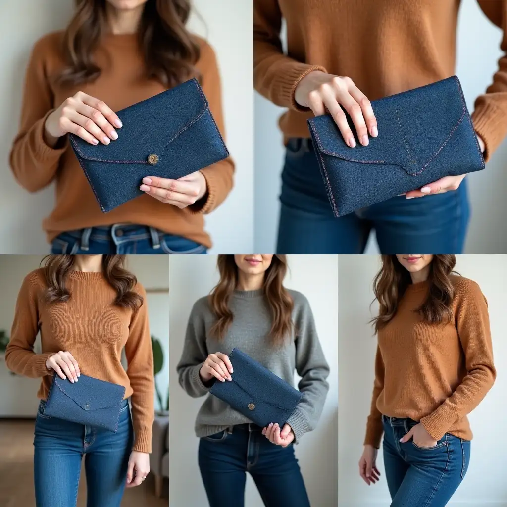 Show a woman using a denim fabric-made wallet in different situations