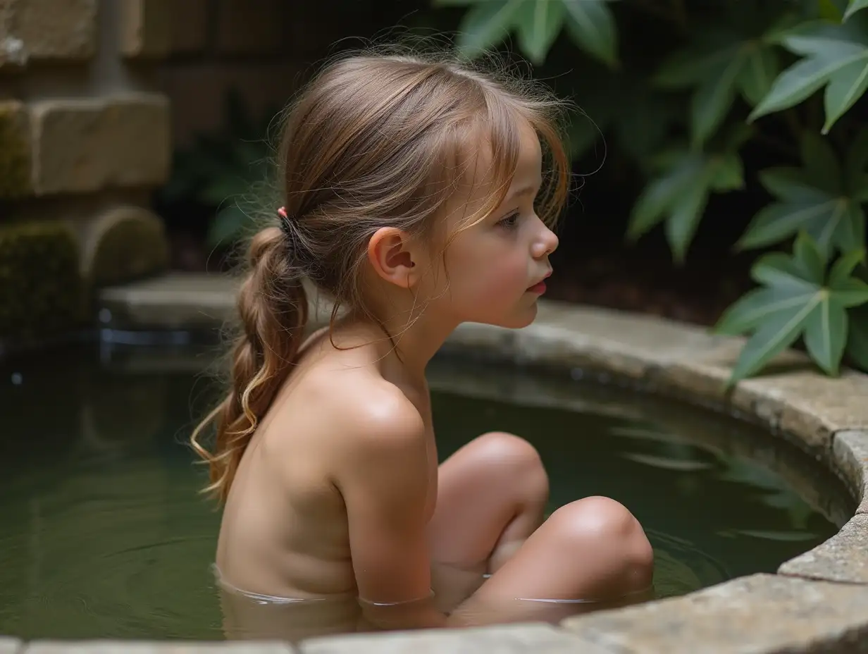 Shy-Peasant-Girl-Sitting-in-Old-Stone-Fountain-with-Shallow-Clear-Water