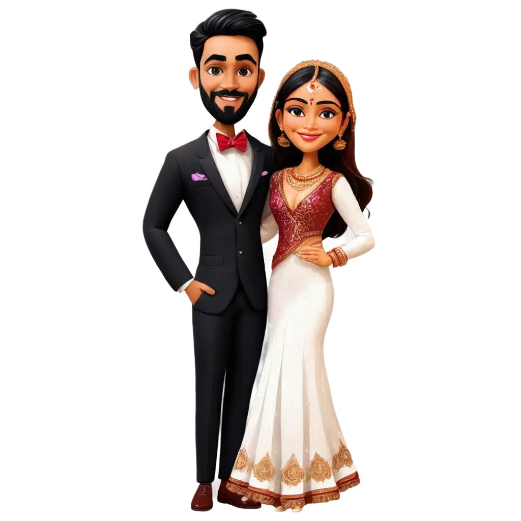 Indian-Hindu-Wedding-Caricature-PNG-Bride-and-Groom-in-Black-Tuxedo-and-Maroon-Lehenga