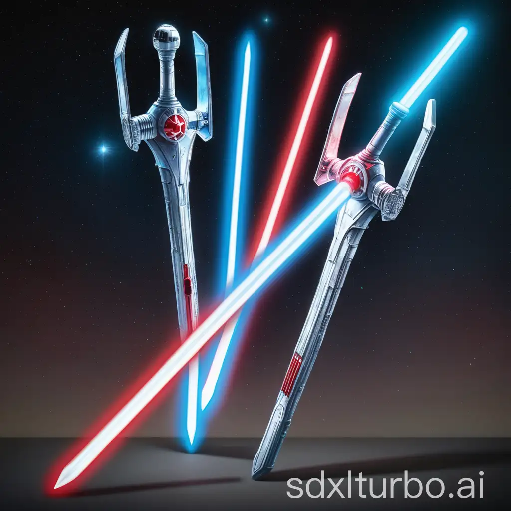 two laser swords, one red and one blue, glowing, from star wars