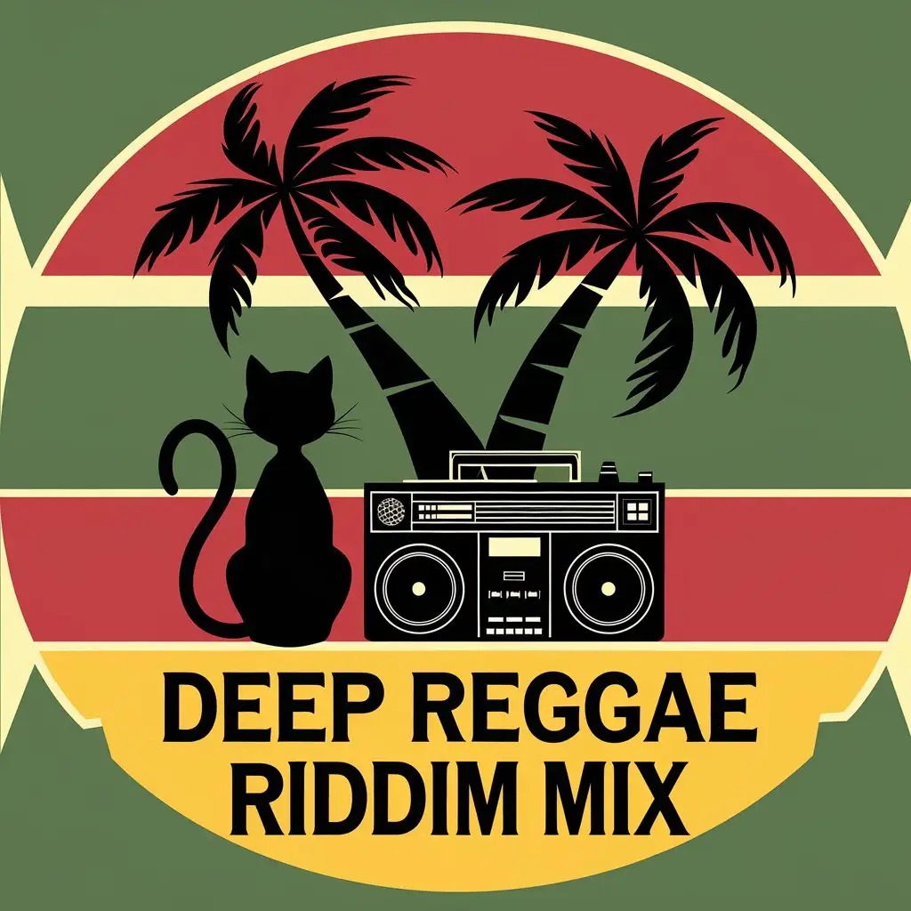 LOGO Design for Deep Reggae Riddim Mix Black Cat Boombox Palm Tree with Rasta Colors