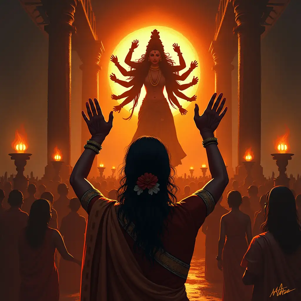 Illustrate a Bengali woman asking for justice from Maa Durga, viewed from the backside. The woman should be in traditional attire, with hands raised in a pleading gesture towards a depiction of Durga. Capture the emotion and intensity of the scene with strong, dramatic lighting.