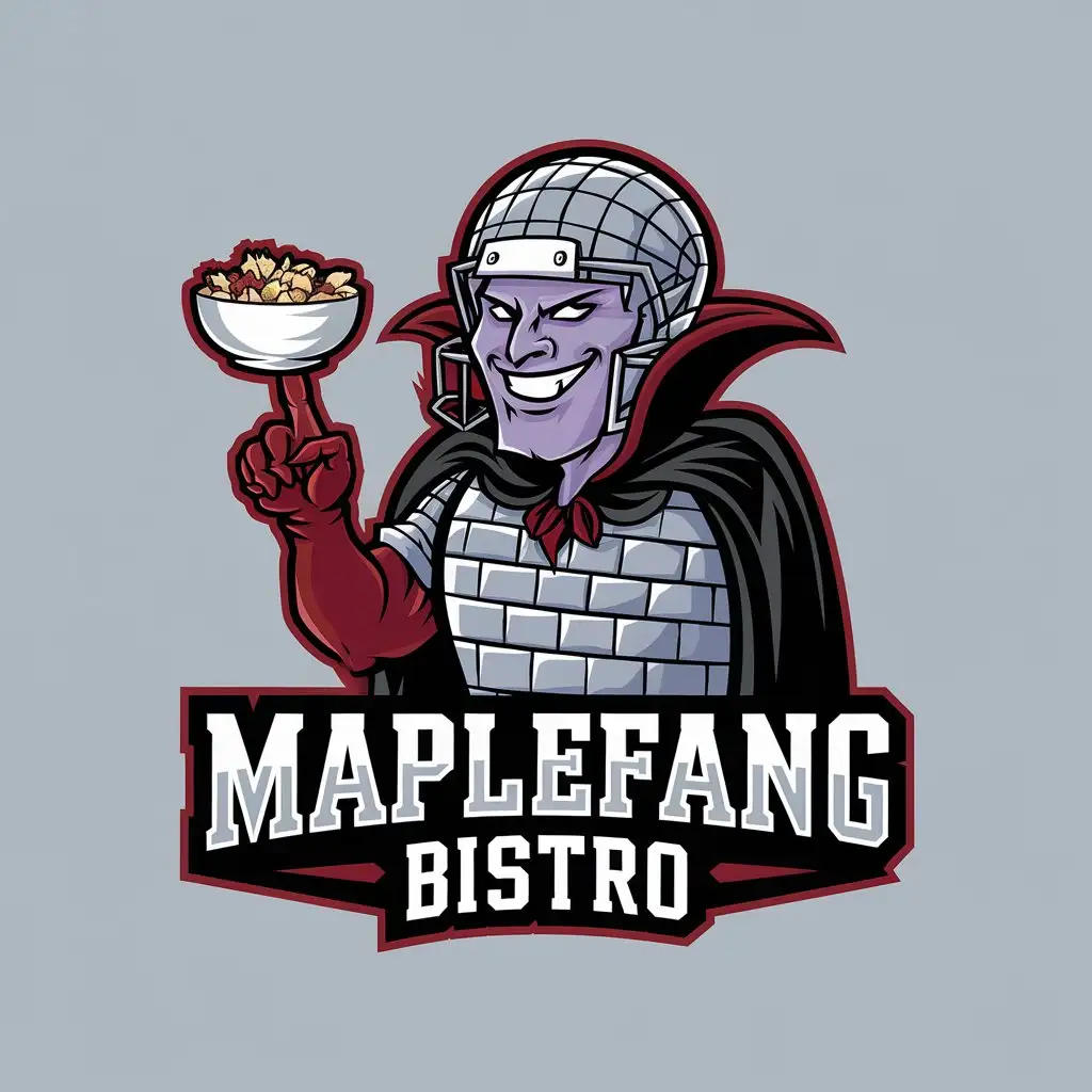 LOGO Design for Maplefang Bistro Bloodbowl Vampire with Gridiron Helmet Holding Poutine Bowl