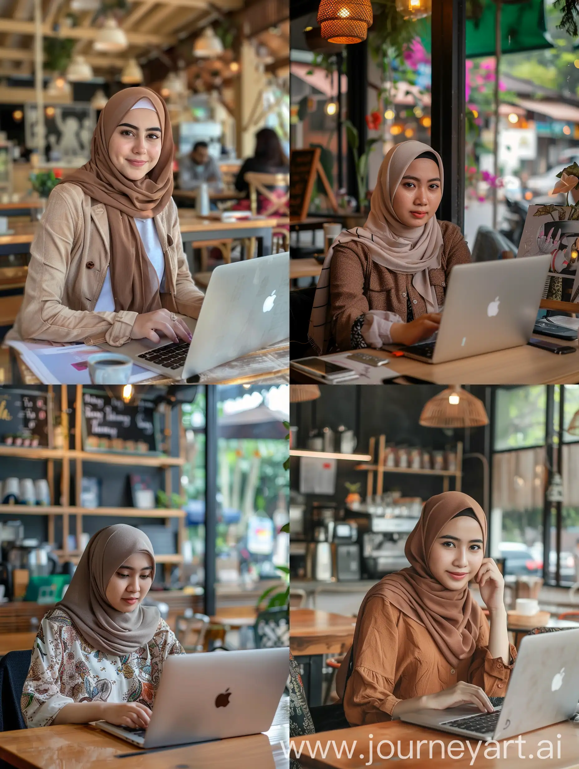 Young-Indonesian-Woman-in-Hijab-at-Cafe-with-Laptop