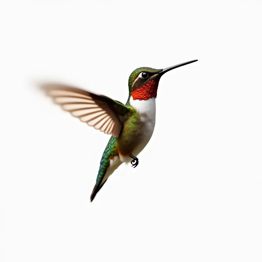 Photorealistic image of beautiful hummingbird on a white background. Close-up of hummingbird, uhd, 128k, glossy, whimsical 