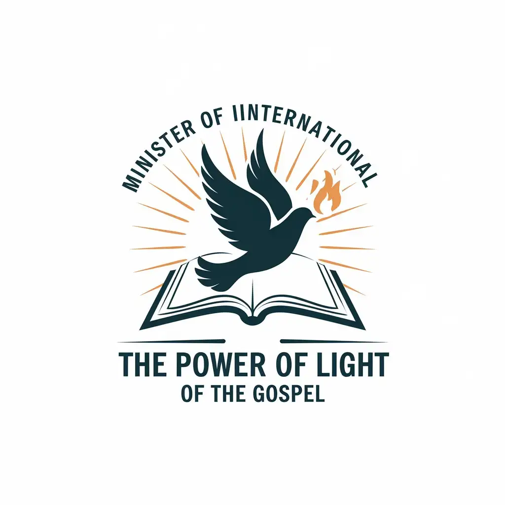 a vector logo design,with the text "Minister of international the power of light of the gospel", main symbol:A dove with fire in its mouth flying over an open bible,Moderate,clear background