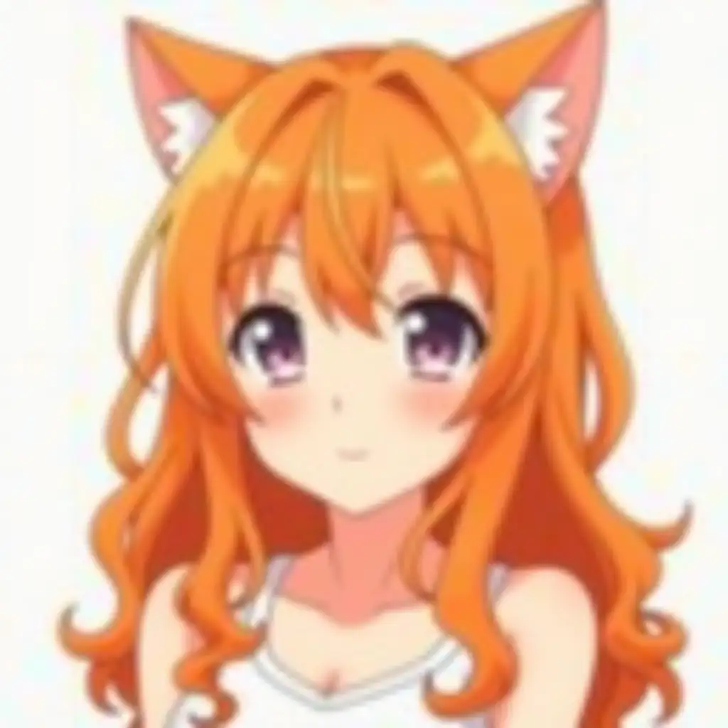 Anime woman, head and shoulders only, long orange slightly curly hair, light skin, cat ears. small smile