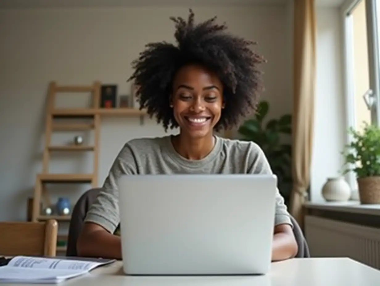 Happy-Black-Woman-Studying-at-Home-with-Laptop