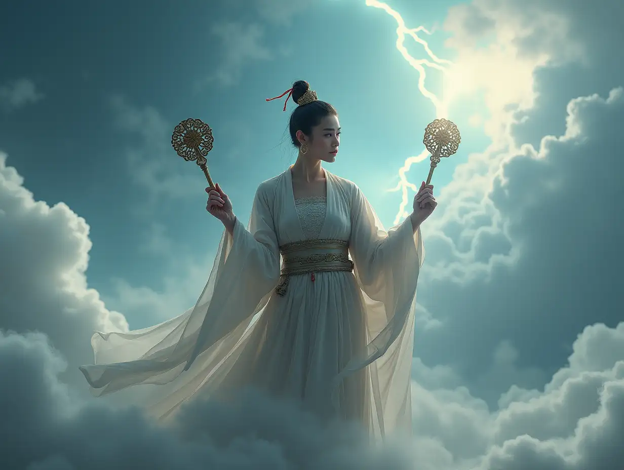 A woman in ancient Chinese general attire, holding a bronze mirror in each hand, standing on the clouds, looking downward. Lightning flashes beneath the cloud layer.