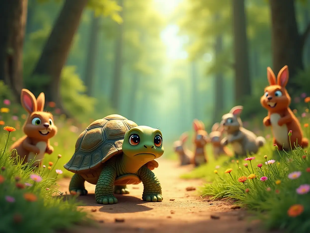 A lush green forest with tall trees and colorful flowers. In the foreground, a small tortoise named Tommy, with a shy expression, slowly walks on a dirt path. He has a gentle face, large round eyes, and a slightly oversized shell. In the background, various friendly animals—rabbits, squirrels, and birds—are playing and talking. The atmosphere is warm and inviting.