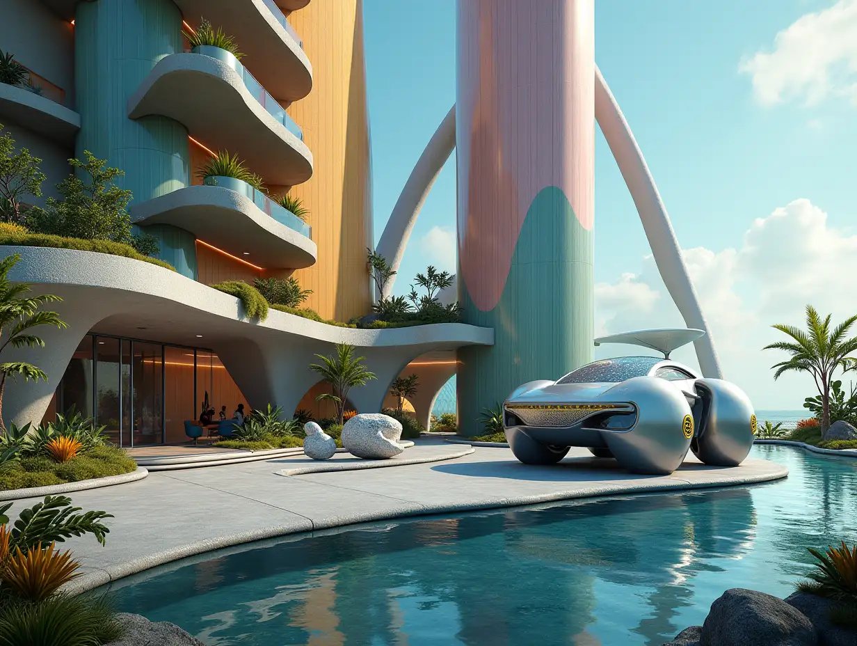 Create a high-resolution, realistic image in 4K resolution of a futuristic building with different colors and curved pillars and many plants and a futuristic vehicle with shattered glass