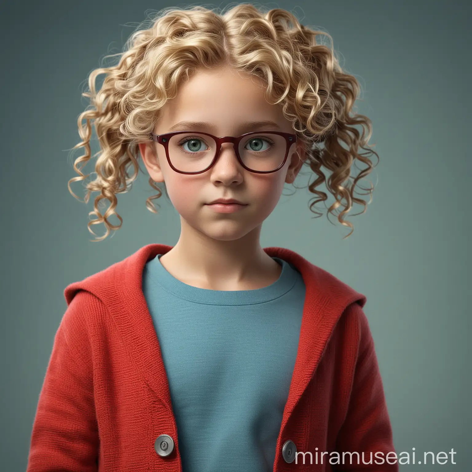 Curly Blonde Girl in Red Cardigan and Glasses