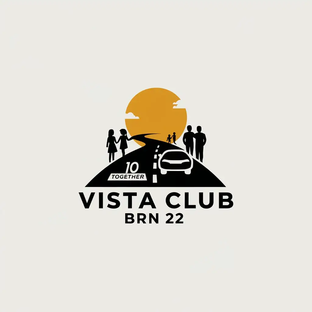 a vector logo design,with the text "VISTA CLUB BRN 22", main symbol:10 years together, FAMILY, FRIENDS, Roads, car symbol,Minimalistic,be used in Automotive industry,clear background