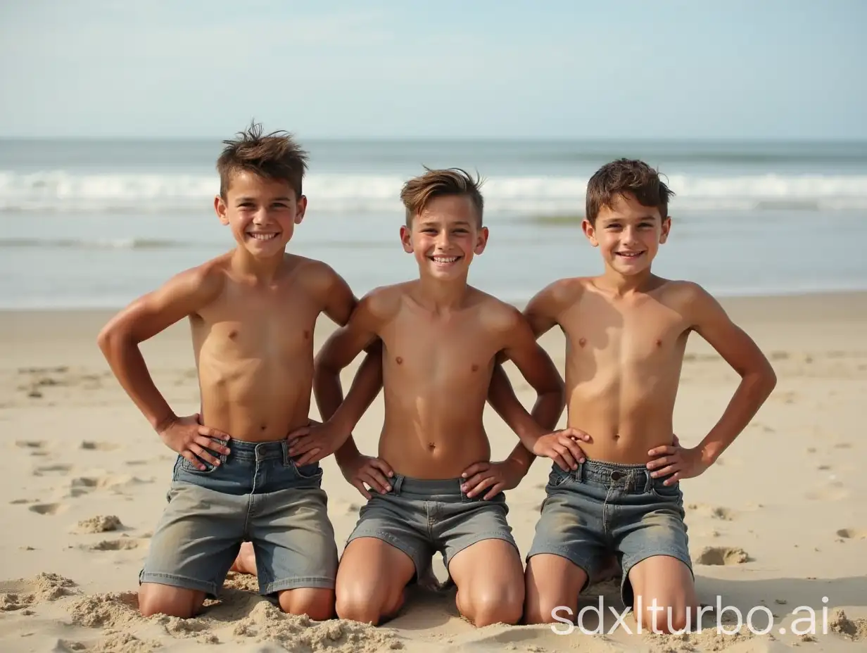 Smiling-13YearOld-Boys-Kneeling-on-Sand-with-Hands-on-Hips